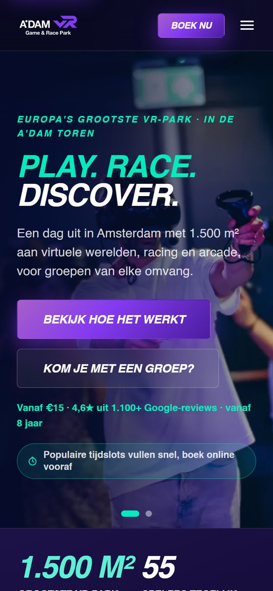 A'DAM VR's homepage on a phone